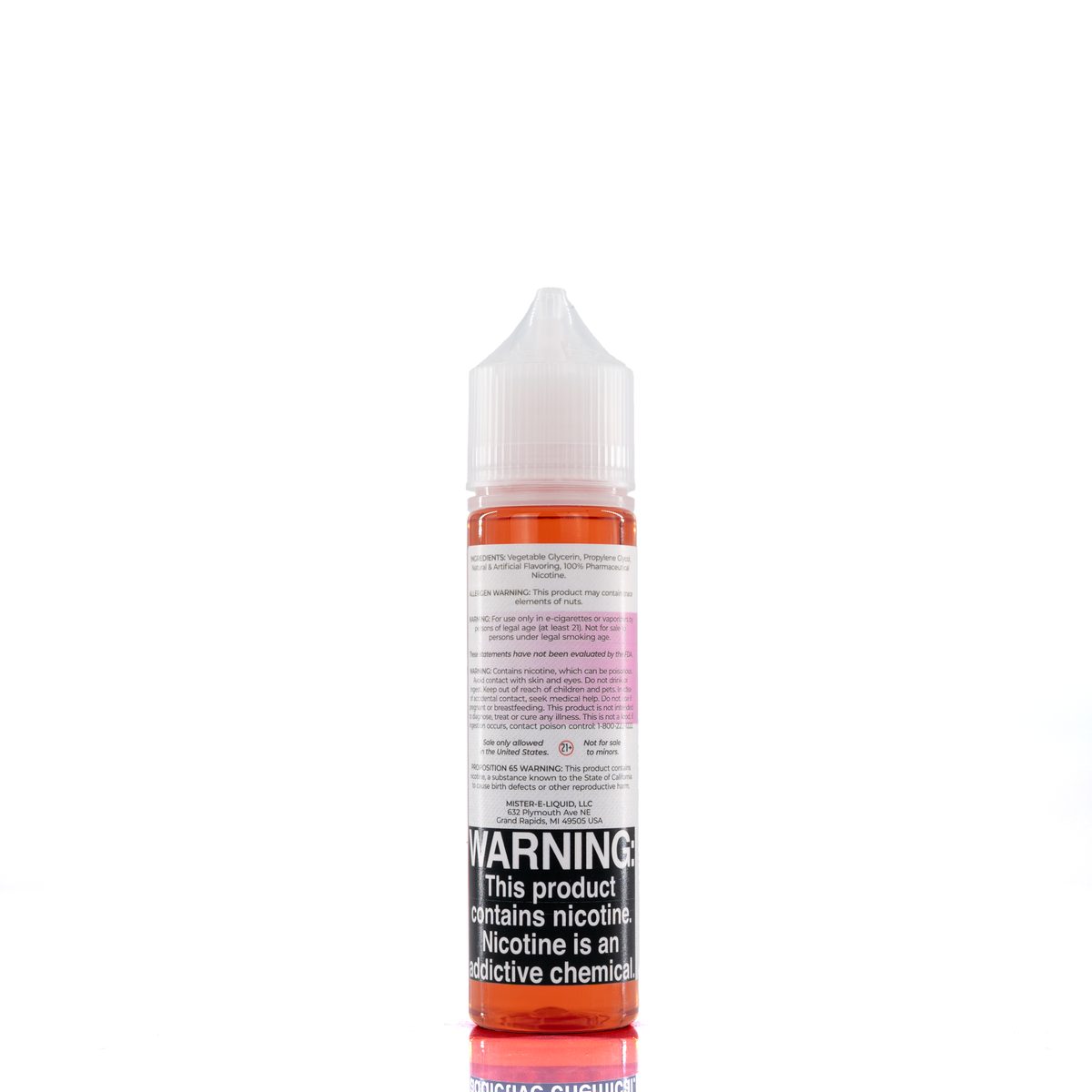 A mister e-liquid bottle is placed on a reflective surface and against a white background. The bottle outlines the ingredients and the warning label.