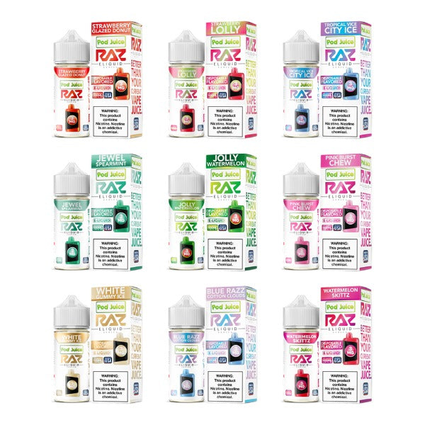 Pod Juice + RAZ Disposables Collab Freebase E-Liquid 100mL $10.25 eLiquid.com Pod Juice + RAZ Disposables Collab Freebase E-Liquid 100mL $10.25 eLiquid.com