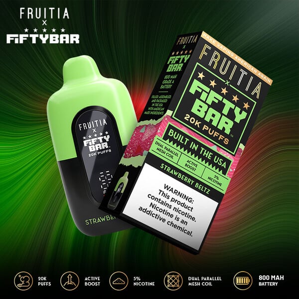 Fruitia x Fifty Bar 20,000 Puffs Disposable - TX Compliant Edition $15.25 eLiquid.com Fruitia x Fifty Bar 20,000 Puffs Disposable - TX Compliant Edition $15.25 eLiquid.com