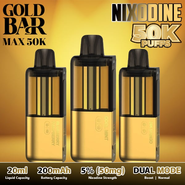 Gold Bar Max Nixodine 50,000 Puffs Replacement Pods $11.25 eLiquid.com Gold Bar Max Nixodine 50,000 Puffs Replacement Pods $11.25 eLiquid.com