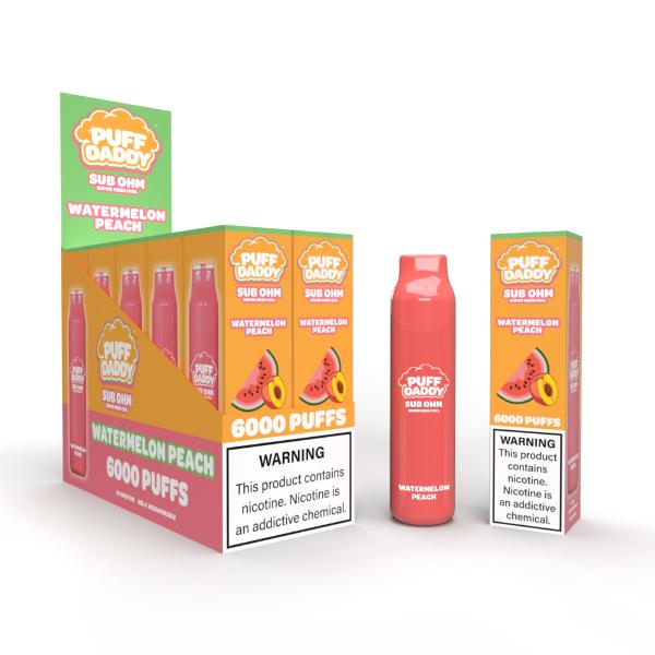 Puff Daddy 6000 Puffs Rechargeable Vape Disposable 12mL 10 Pack Best Flavor Watermelon Peach