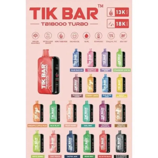 TIK BAR TB18000 Turbo Rechargeable Disposable Vape 18mL 5 Pack $47.79 eLiquid.com TIK BAR TB18000 Turbo Rechargeable Disposable Vape 18mL 5 Pack $47.79 eLiquid.com