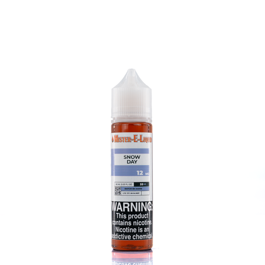 Mister e-liquid bottle is reflected on a surface, against a white background. The bottle has a blue and white label and reads 12 MG on the front of the label.