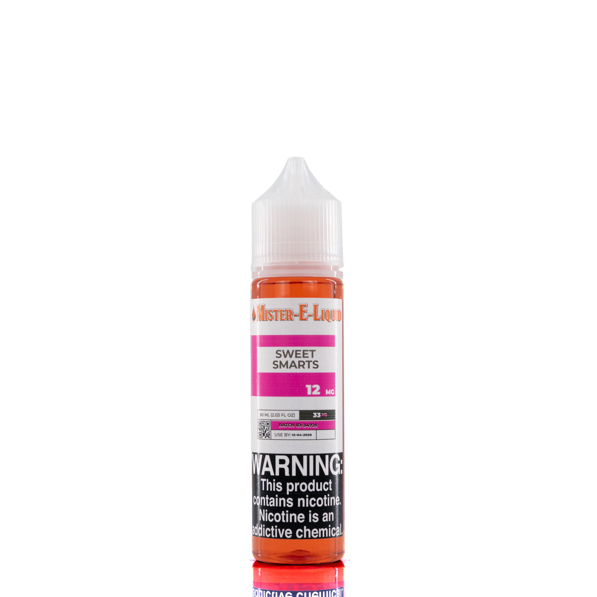 A 12mg mister e-liquid bottle of 'sweet smarts' is placed on a reflective surface and against a white background. The label is pink, white, and grey.