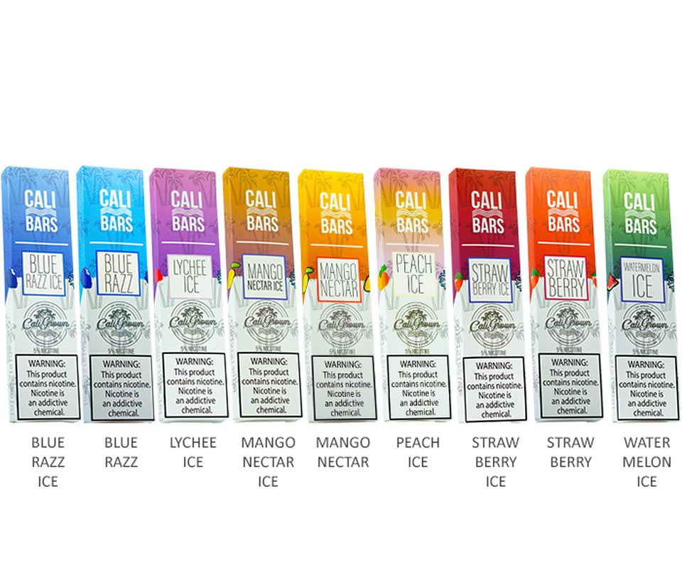 Cali Bars 5% Disposable Pod Device By Cali Grown - Pack of 10 Best Flavors Blue Razz Ice Blue Razz Lychee Ice Mango Nectar Ice Mango Nectar Peach Ice Strawberry Ice Strawberry Watermelon Ice