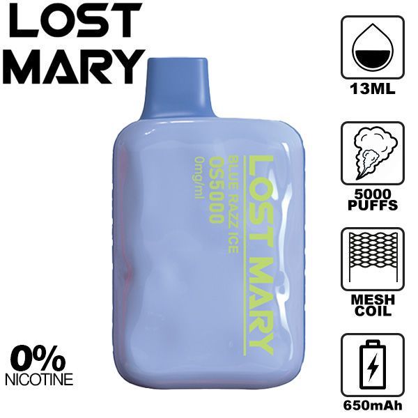 Lost Mary OS5000 0% 5000 Puffs Rechargeable Vape Disposable 13mL Best Flavor Blue Razz Ice