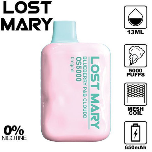 Lost Mary OS5000 0% 5000 Puffs Rechargeable Vape Disposable 13mL Best Flavor Blueberry P&B Cloudd